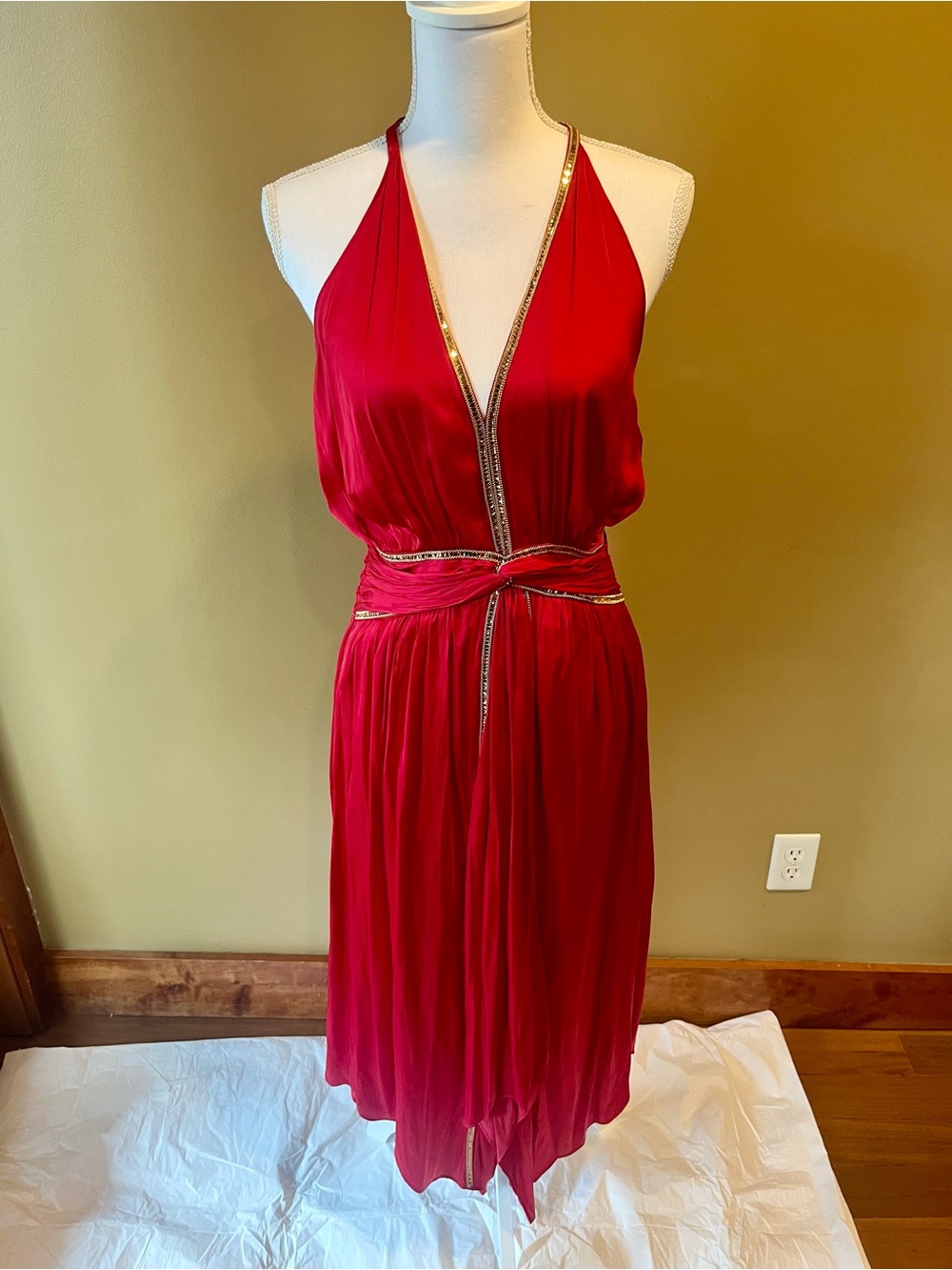 Ramy Brook Red One-Shoulder Midi Dress with Gold Trim